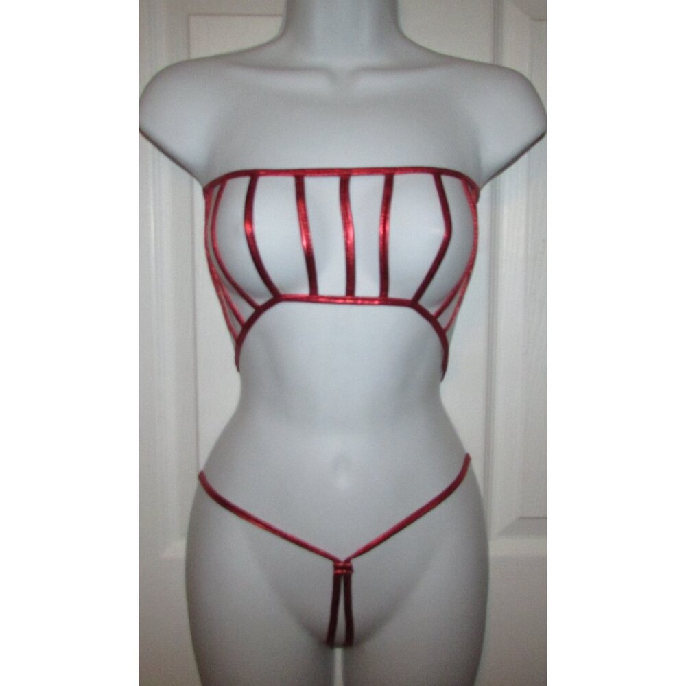 Red Metallic Micro Strappy String Thong Bikini - NEW